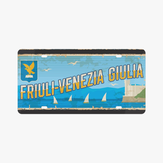 Friuli-Venezia License Plate Italian Style featuring sailboats and birds, crafted in premium aluminum, enhancing your car with a touch of Italian elegance.