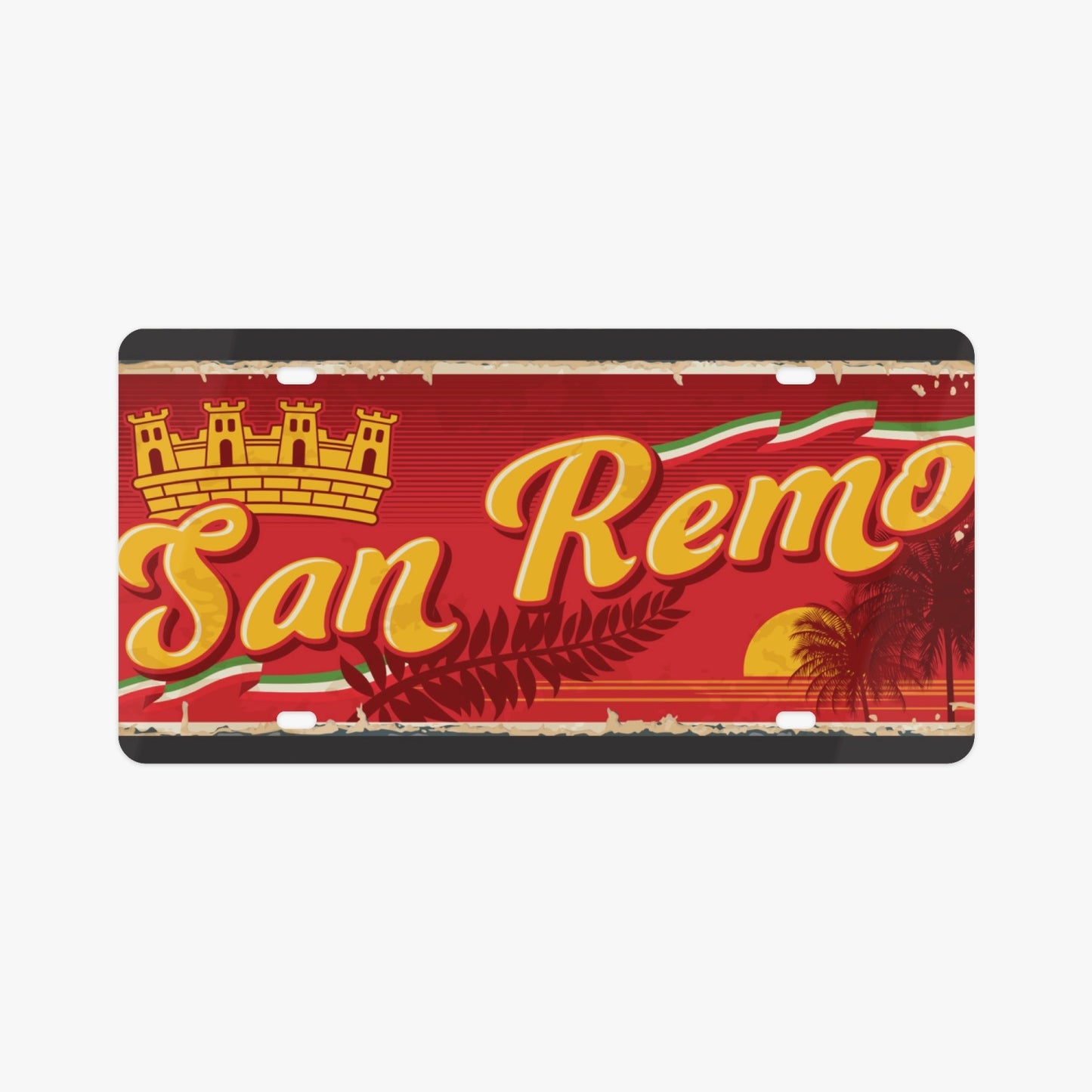 San Remo License Plate Italian Style: Premium aluminum license plate accessory, showcasing Italian elegance with a striking red and yellow design, enhancing your car's luxury appeal.