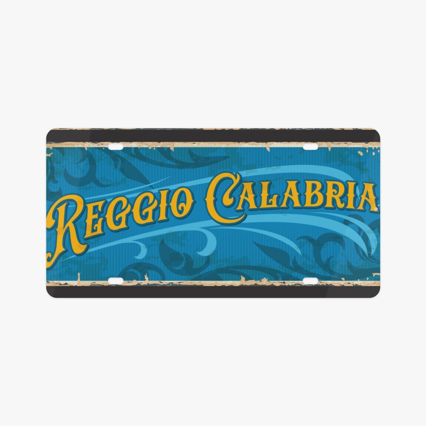 Reggio Calabria License Plate, showcasing Italian elegance with a premium aluminum design, fits various cars, enhancing style and sophistication.