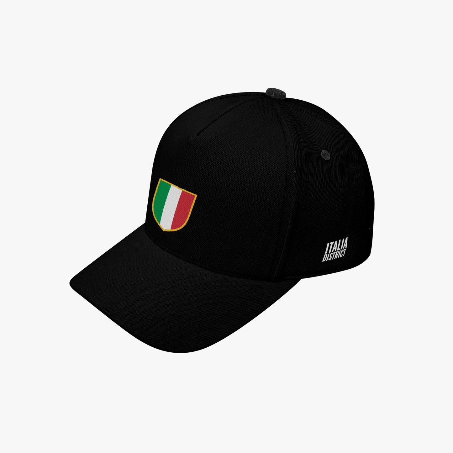 Italian Tricolore Shield - Baseball Cap: Black cap with a green, white, and red patch, symbolizing Italian heritage, crafted from durable canvas with adjustable, breathable design.