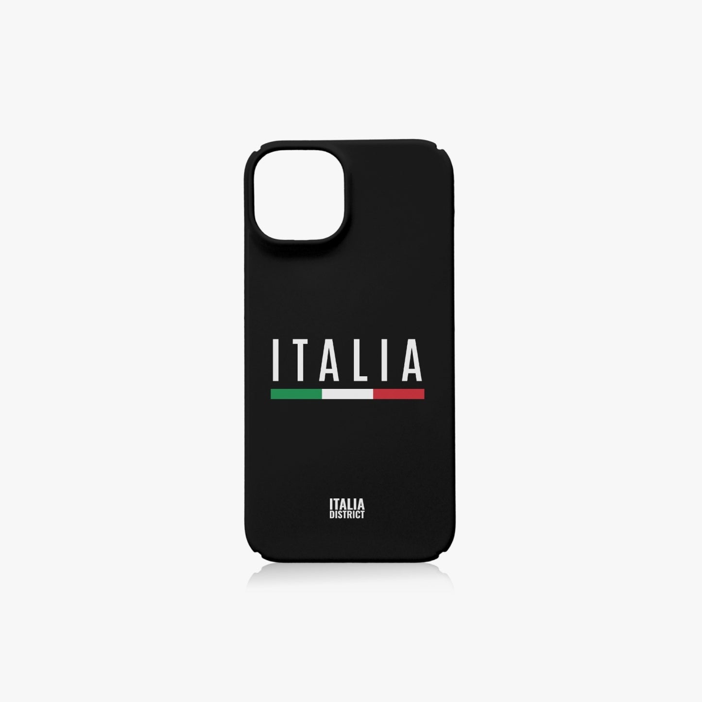 Italy Black Phone Case iPhone 14 with white text and a green, white, and red stripe, offering 360-degree protection and wireless charging compatibility.