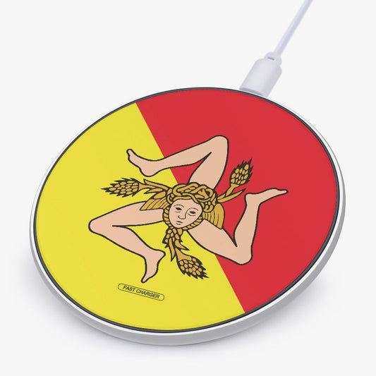 Sicilian Flag - 10W Wireless Charger featuring a flag design, compact size, and includes a micro USB cable for convenient, safe wireless charging.