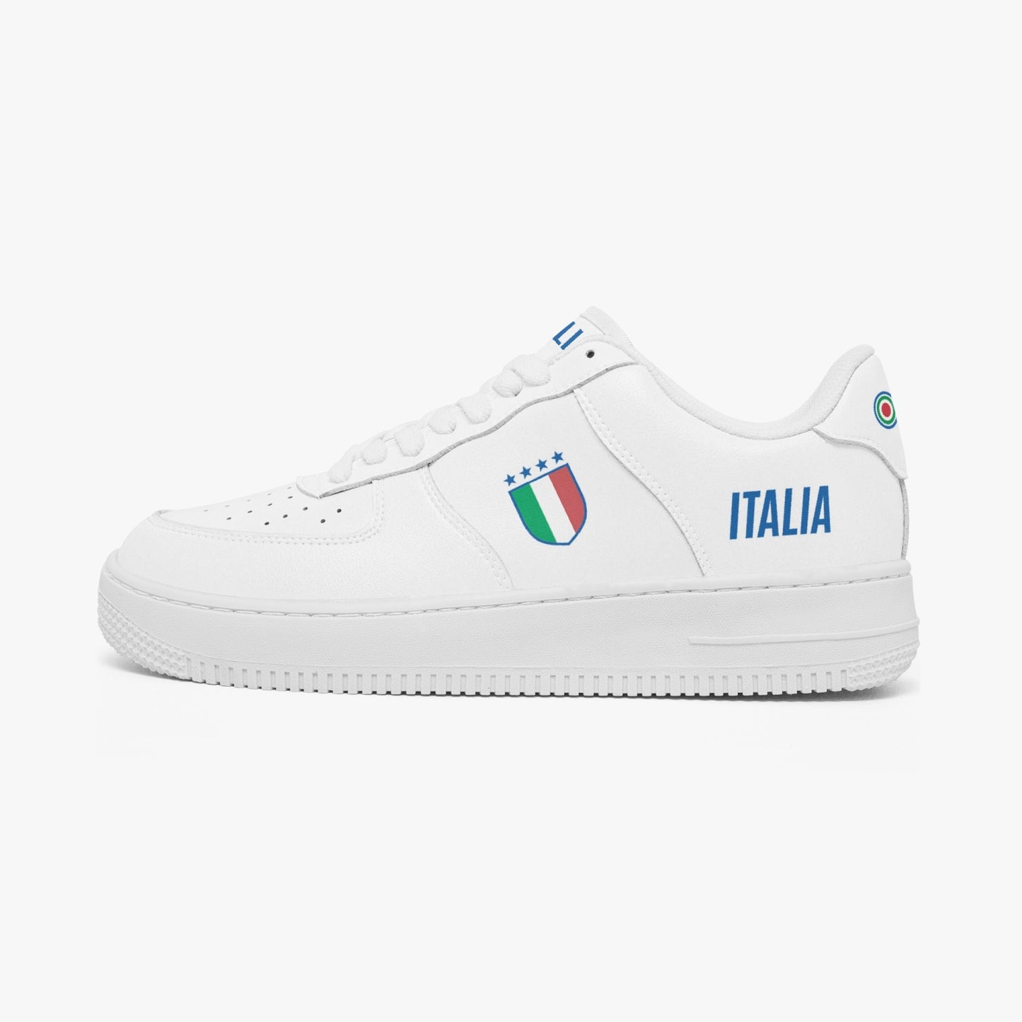 Italy Leather Sneakers - AF1 White, showcasing a sleek white design with a logo symbolizing Italian pride, crafted for style and comfort with premium leather and breathable mesh.