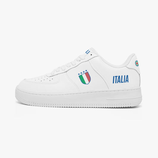 Italy Leather Sneakers - AF1 White, showcasing a sleek white design with a logo symbolizing Italian pride, crafted for style and comfort with premium leather and breathable mesh.