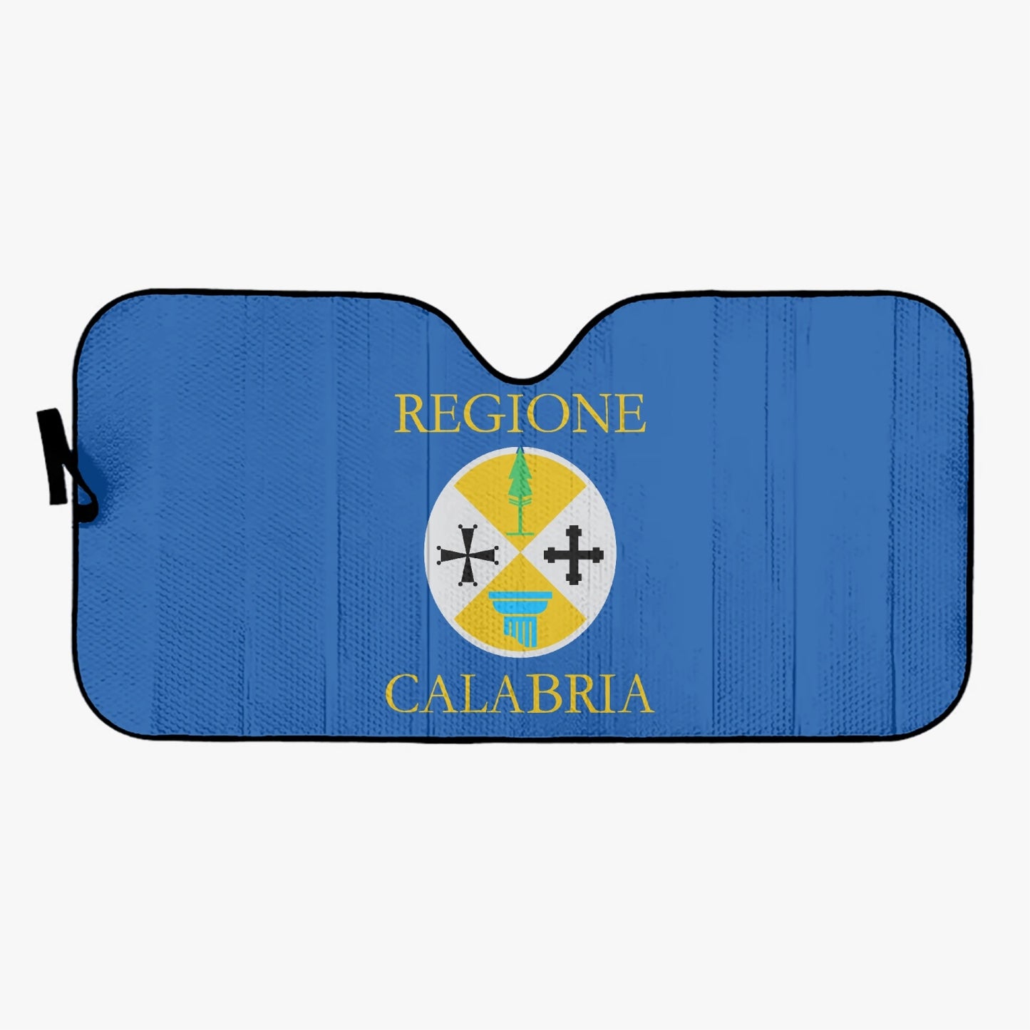 Calabria - Car Sun Shade with a logo, offers UV protection and folds easily with a strap, suitable for most vehicles.