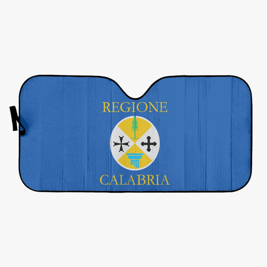Calabria - Car Sun Shade with a logo, offers UV protection and folds easily with a strap, suitable for most vehicles.