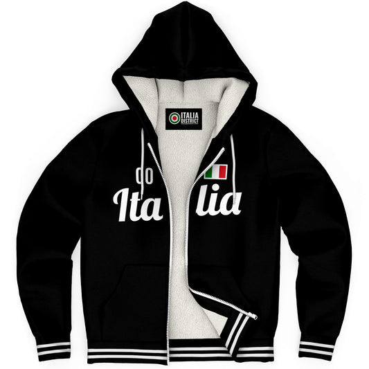 Italy Black Microfleece Zip-Up Hoodie with customizable name and number, featuring a nylon zipper and plush microfleece lining for warmth and comfort.