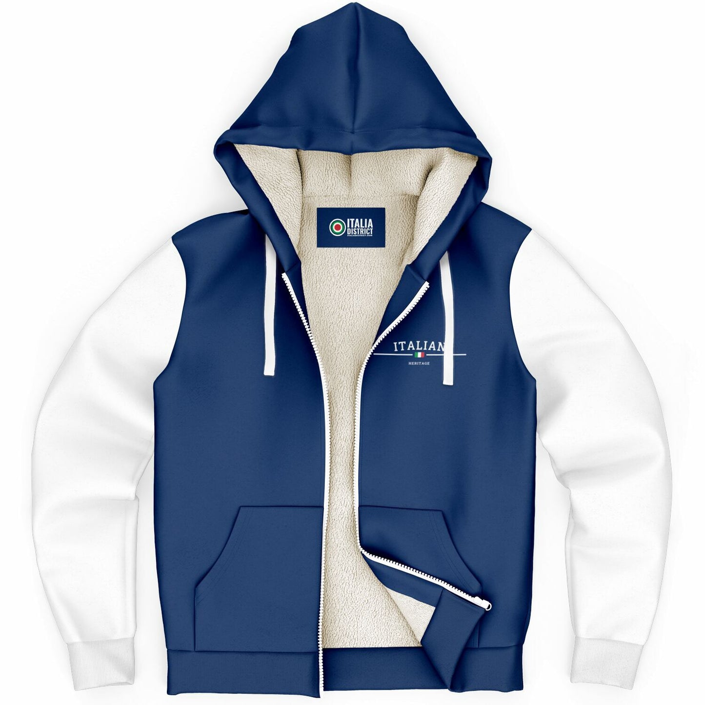 Italian Heritage Microfleece Ziphoodie - AOP, featuring a blue and white design with a hood and nylon zipper, exemplifies Italian cultural flair and comfort.