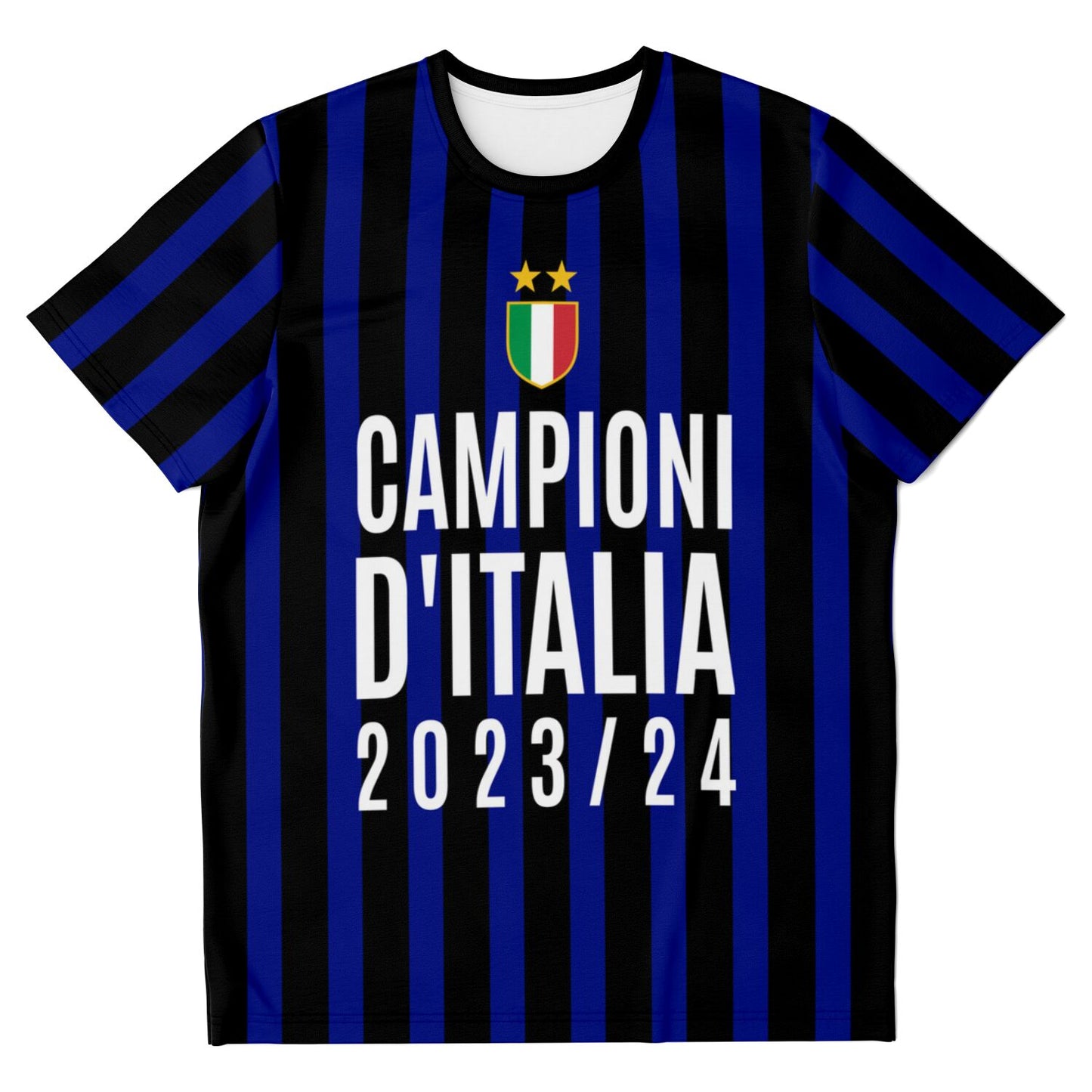 Inter Milan - Campioni d'Italia T-Shirt Glory Edition, featuring blue and black stripes, short sleeves, and a crew neck, with high-definition printing.