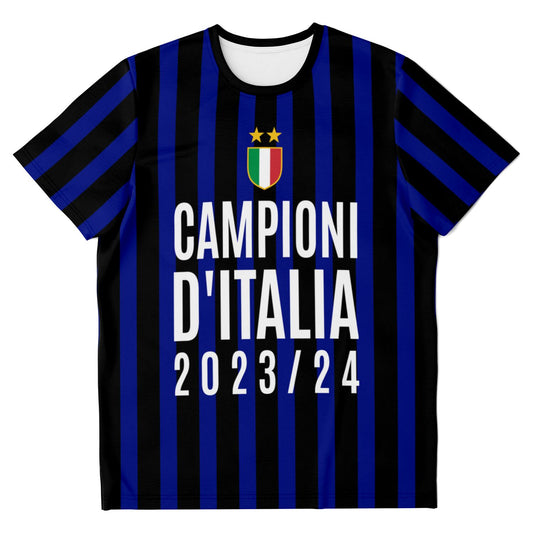 Inter Milan - Campioni d'Italia T-Shirt Glory Edition, featuring blue and black stripes, short sleeves, and a crew neck, with high-definition printing.