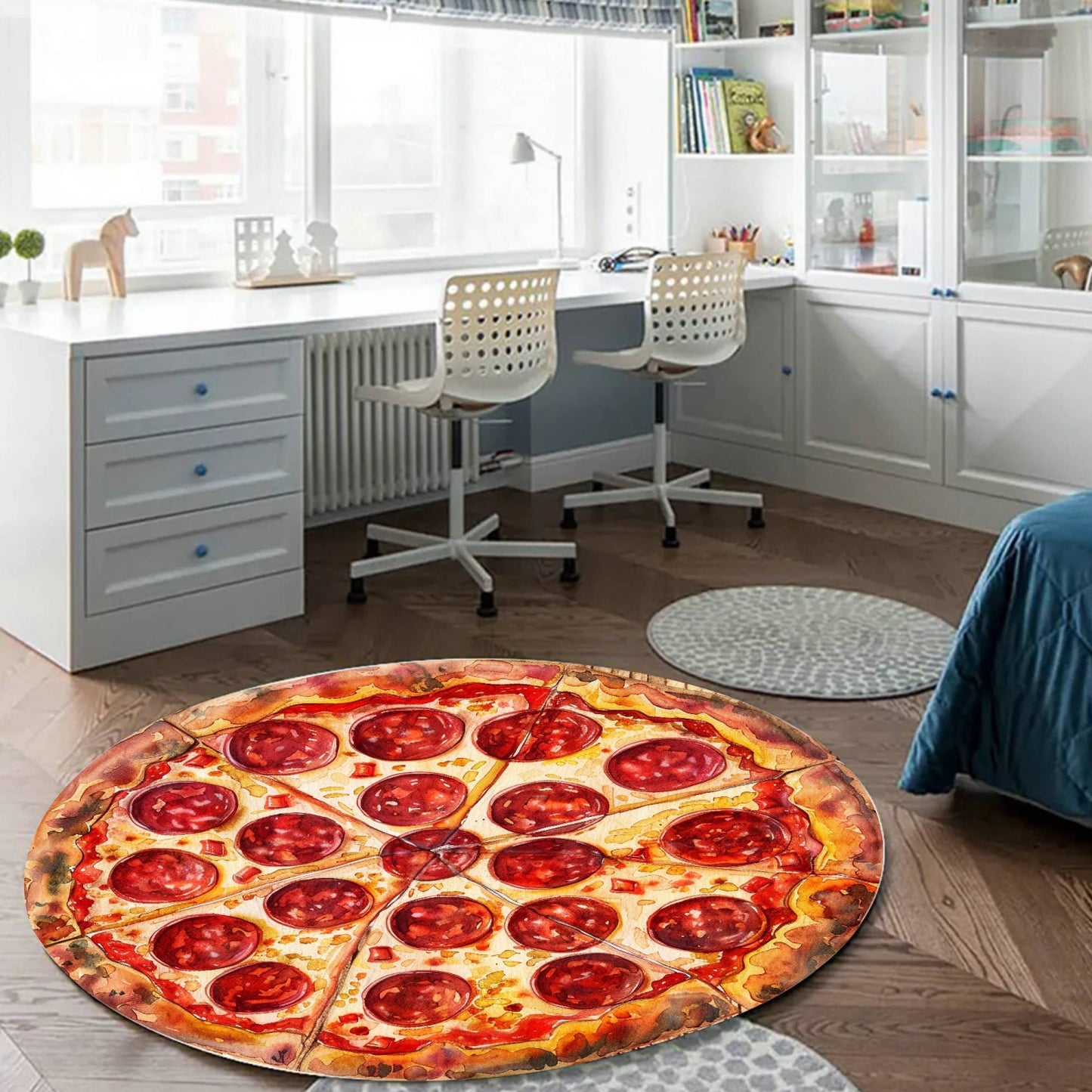 Pepperoni Pizza Carpet resembling a large pizza on the floor, showcasing unique design and vibrant colors, ideal for indoor use.