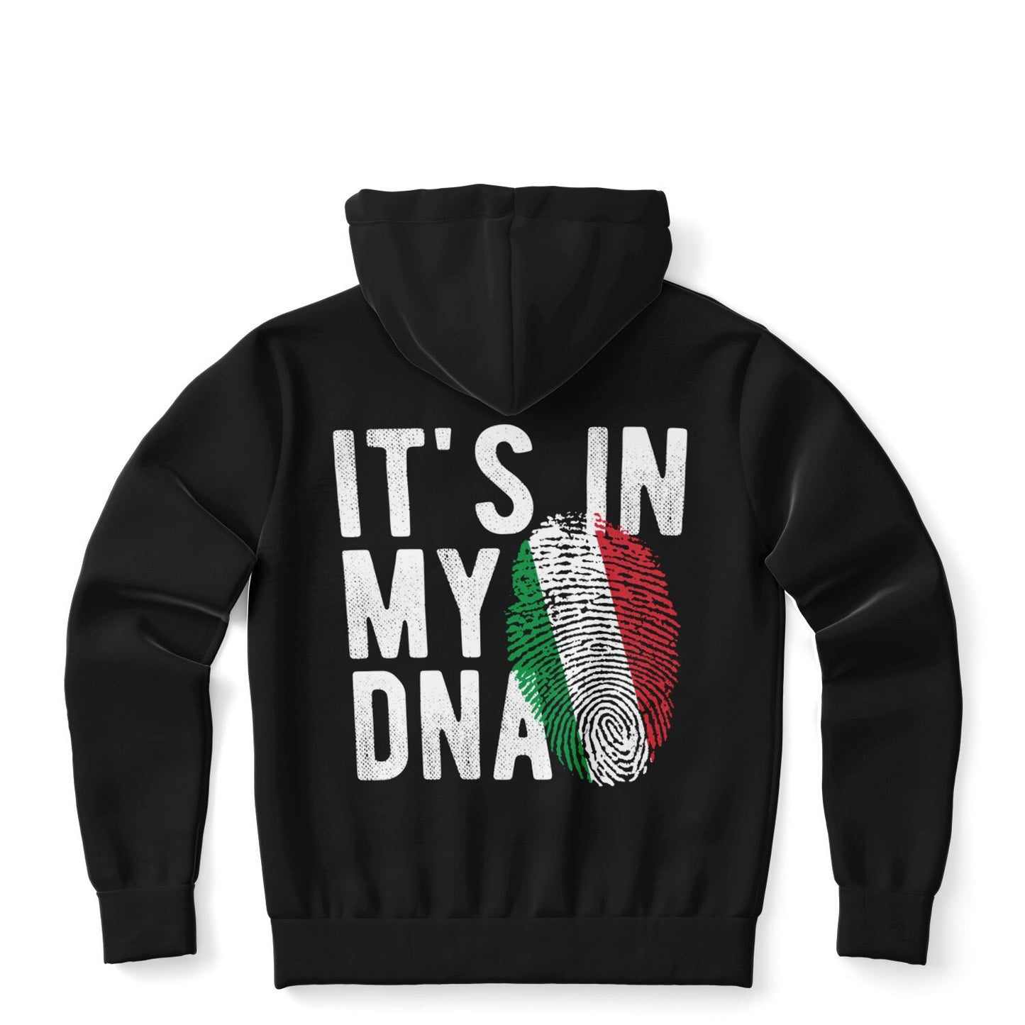 Athletic Zip-Up Hoodie - AOP featuring a fingerprint with the Italian flag design, crafted from polyester and spandex with a nylon zipper closure.