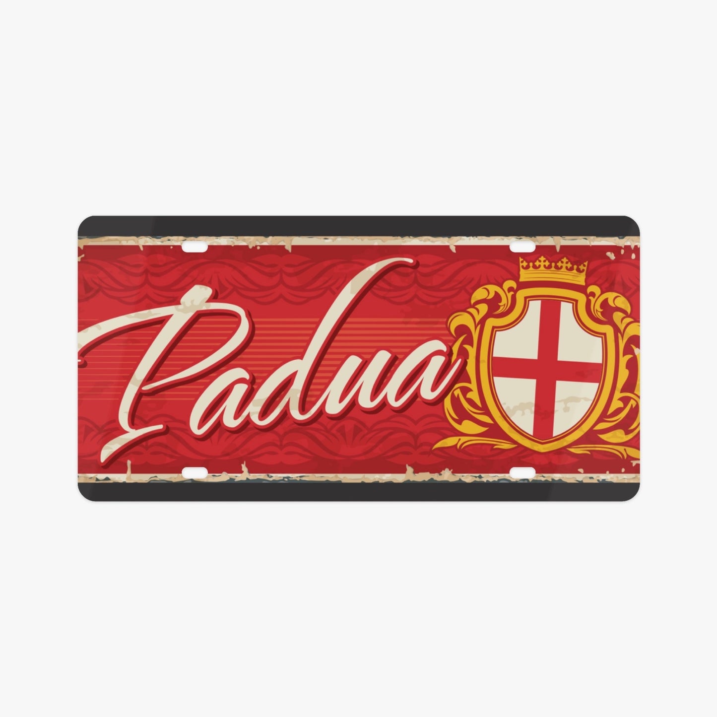 Padua License Plate Italian Style, crafted from premium aluminum, showcases a red and white design, embodying Italian elegance and enhancing vehicle aesthetics.