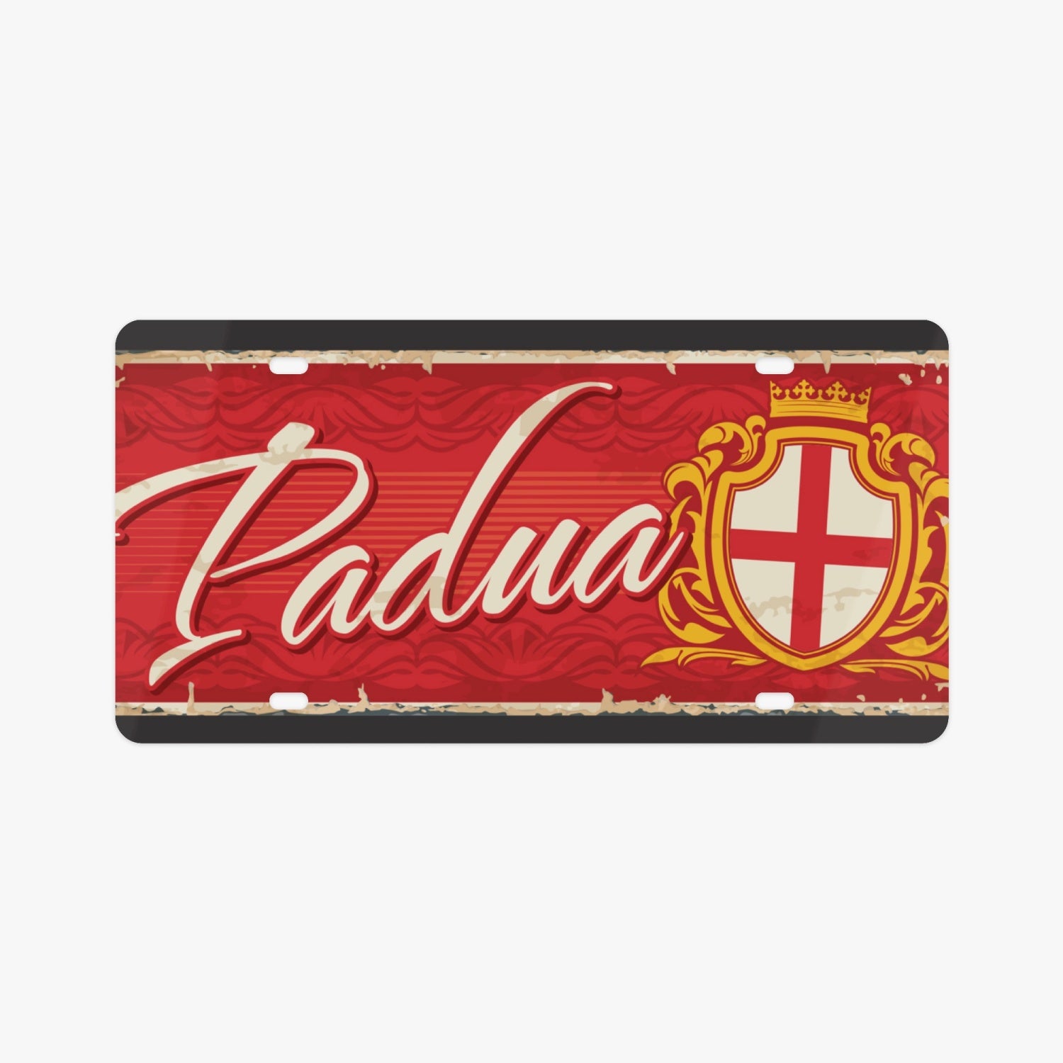 Padua License Plate Italian Style, crafted from premium aluminum, showcases a red and white design, embodying Italian elegance and enhancing vehicle aesthetics.