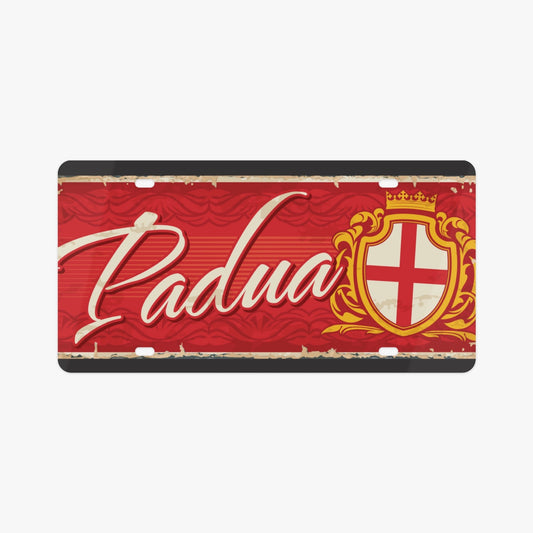 Padua License Plate Italian Style, crafted from premium aluminum, showcases a red and white design, embodying Italian elegance and enhancing vehicle aesthetics.
