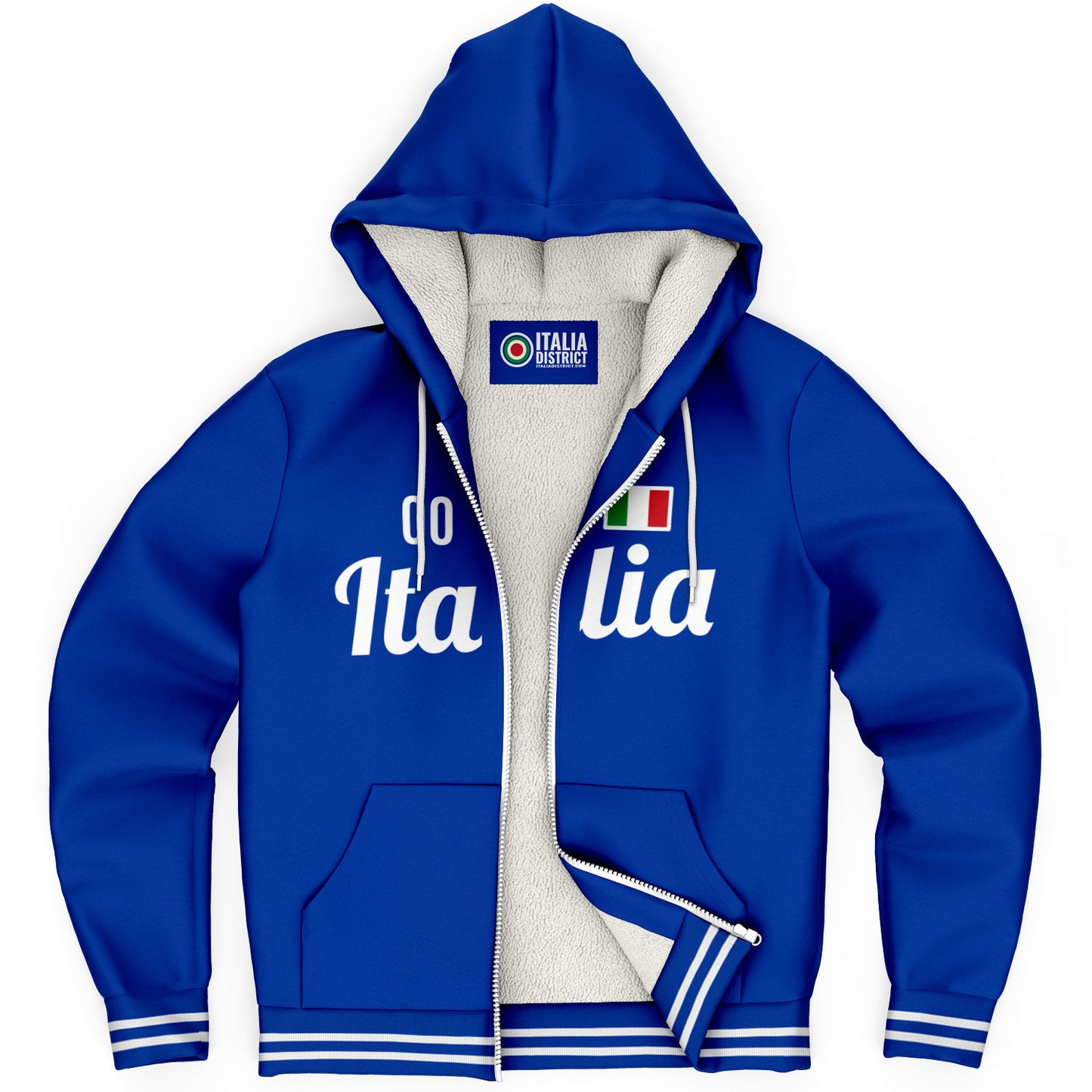 Italy Microfleece Zip-Up Hoodie with customizable name and number, featuring durable fabric, nylon zipper, and plush lining for warmth and comfort.