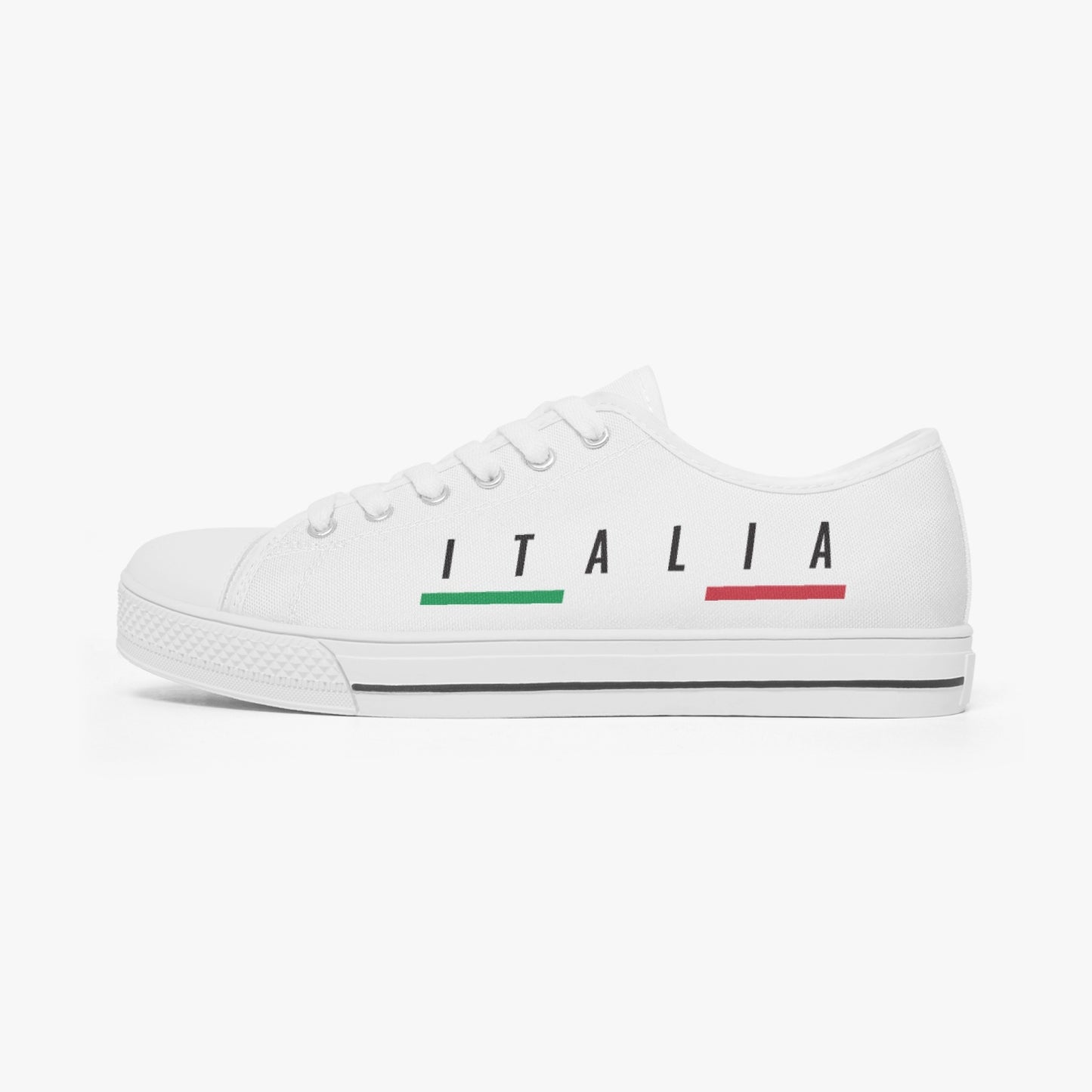 Italy Low-Top Shoes - White, featuring a white canvas with green and red text, lace-up closure, and metal eyelets for a classic, handcrafted Italian look.