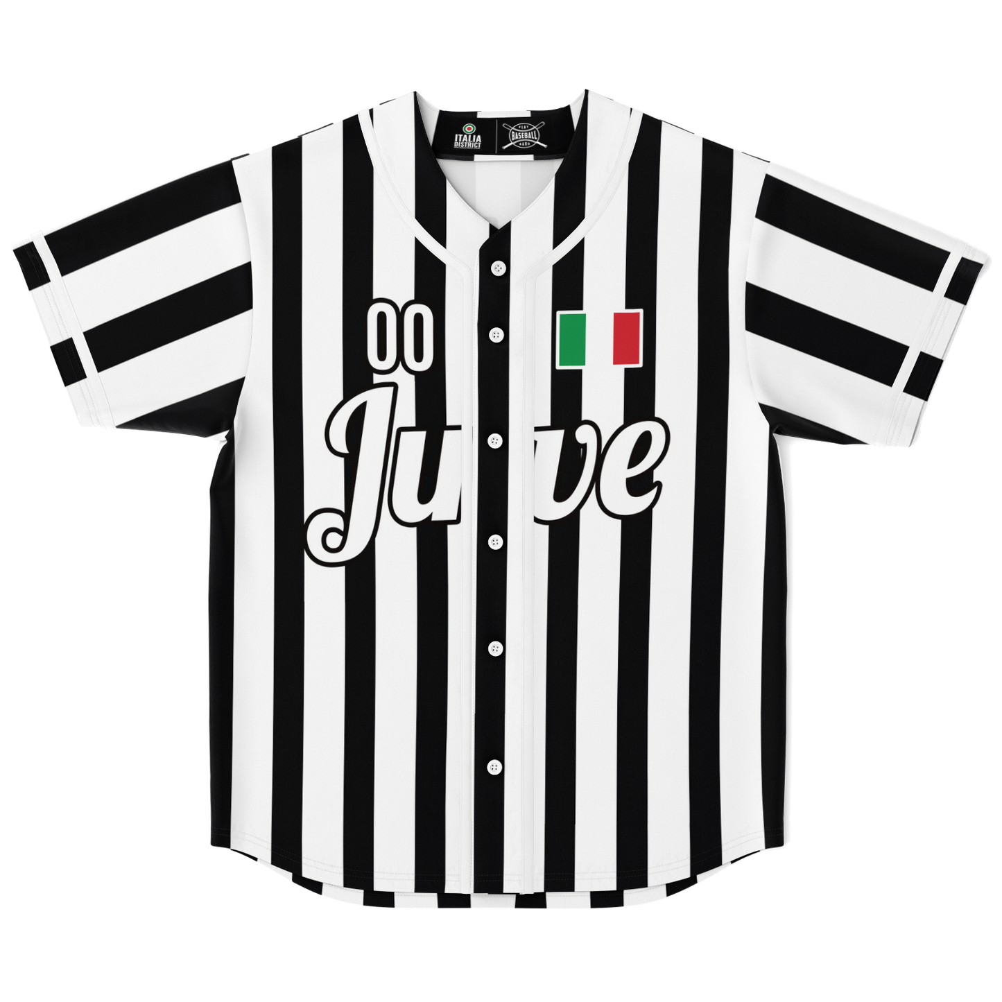 Juve Baseball Jersey featuring black and white stripes, custom name and number option, with moisture-wicking polyester fabric for comfort and durability.