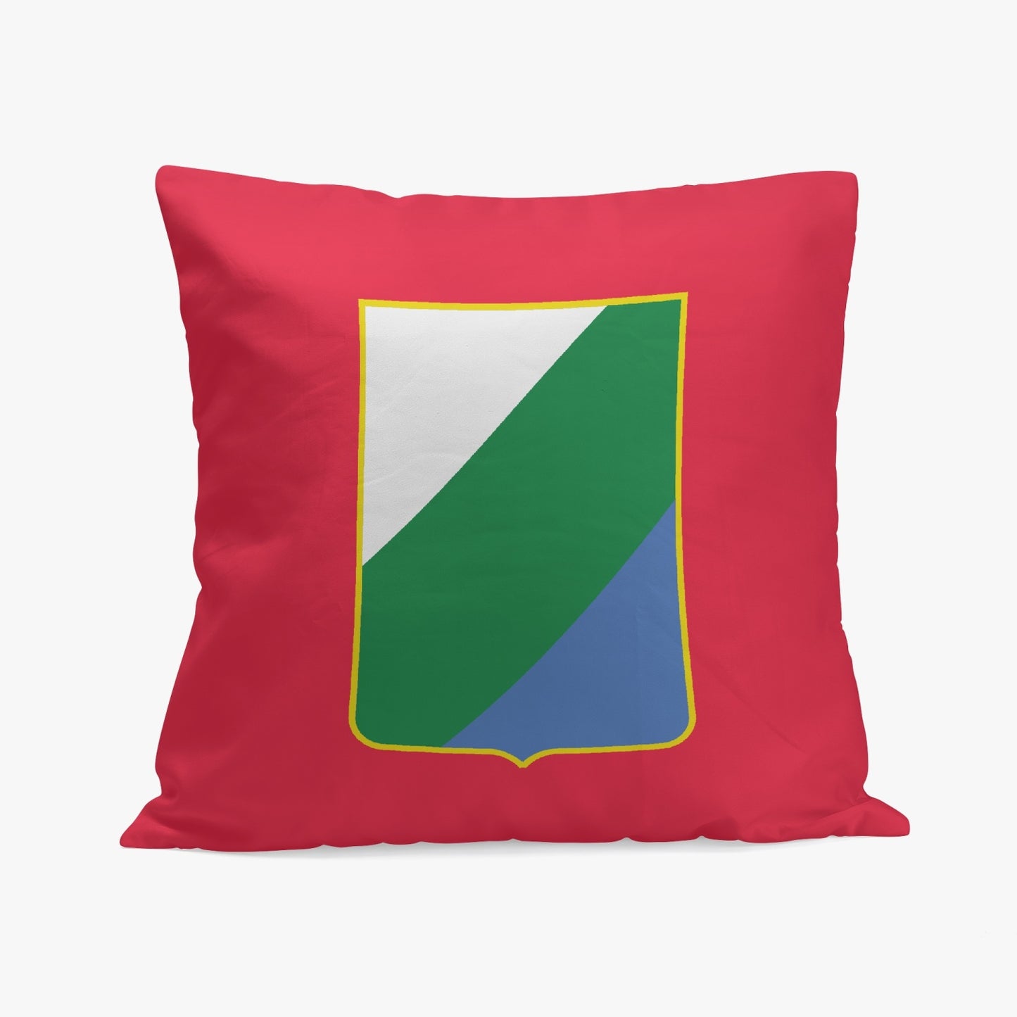 Abruzzo Pillow Cover featuring a green and blue shield design on a high-quality polyester-cotton blend, with one-side printing and stitching closure.