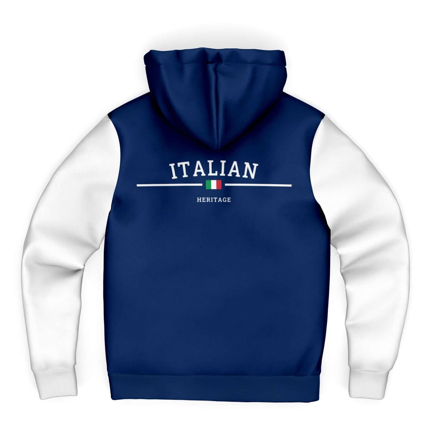 Italian Heritage Microfleece Ziphoodie - AOP in navy with white sleeves and Italian flag design on the back.