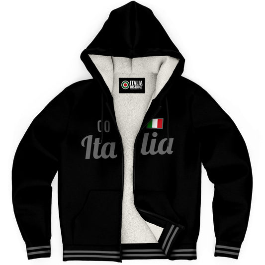 Italy Black/Grey Microfleece Zip-Up Hoodie with customizable name and number, featuring a durable nylon zipper and plush microfleece lining for cozy comfort.