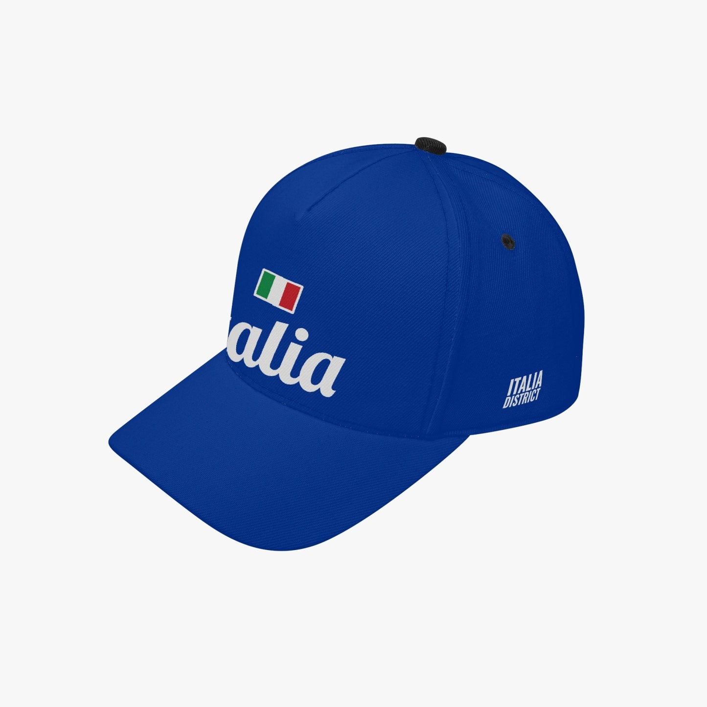 Italy - Baseball Cap: A blue cap featuring white text, designed for versatility and Italian style, with an adjustable fit and breathable canvas material.
