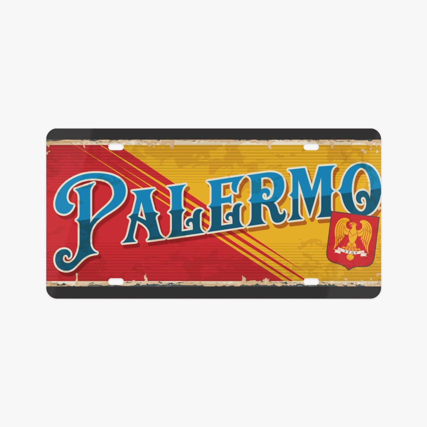 Palermo License Plate Italian Style, featuring a red and yellow text design, crafted from premium aluminum for a sophisticated, elegant appearance.