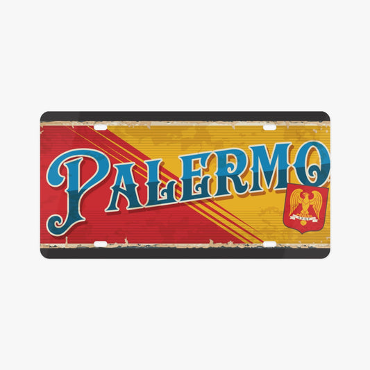 Palermo License Plate Italian Style, featuring a red and yellow text design, crafted from premium aluminum for a sophisticated, elegant appearance.