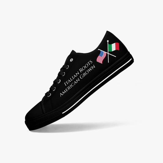 Low-Top Shoes - Italian Roots American Grown: Black sneakers with white text and a flag detail, featuring a canvas upper, rubber outsole, and lace-up closure.