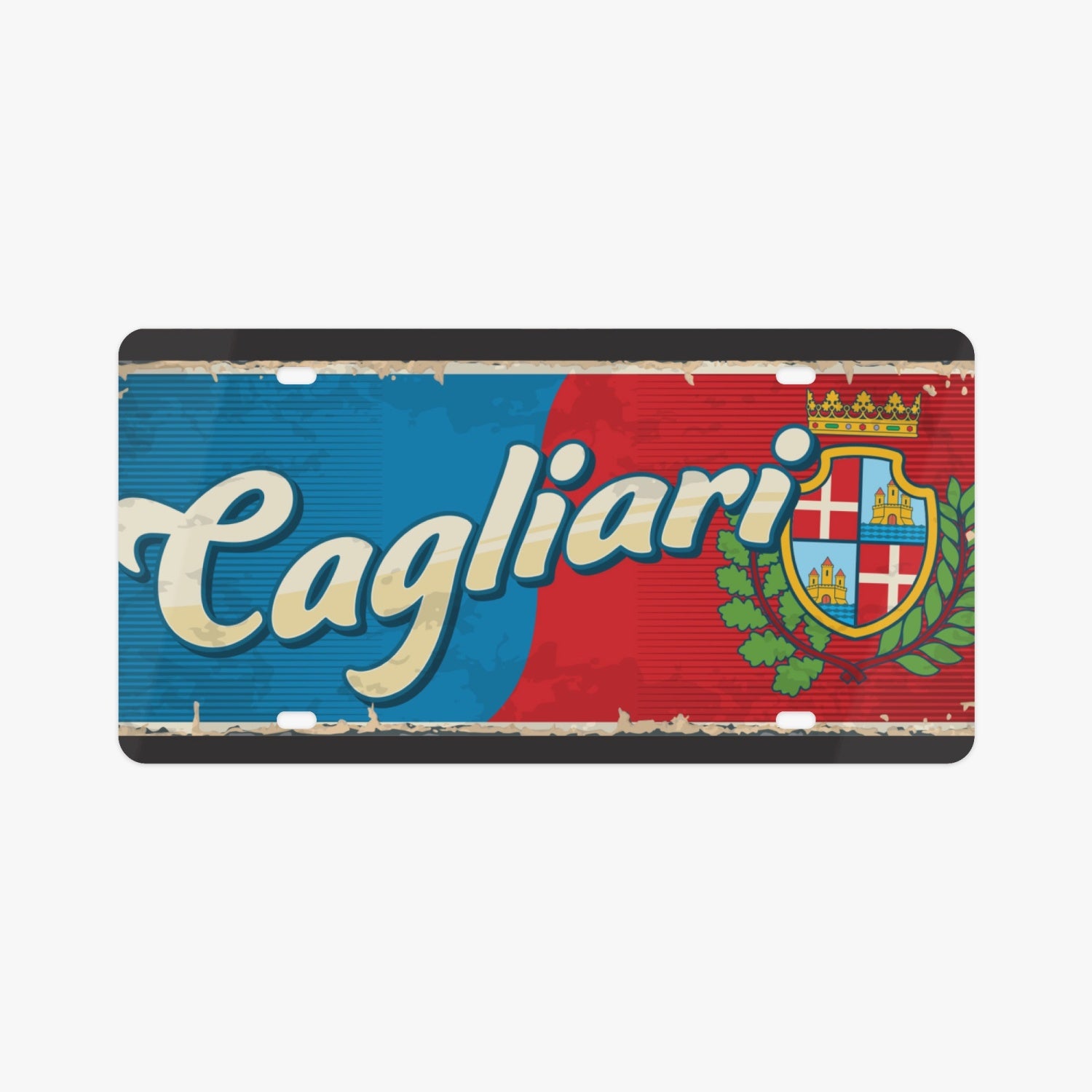 Cagliari License Plate Italian Style: Premium aluminum design featuring a red and blue emblem, enhancing any vehicle with Italian elegance.