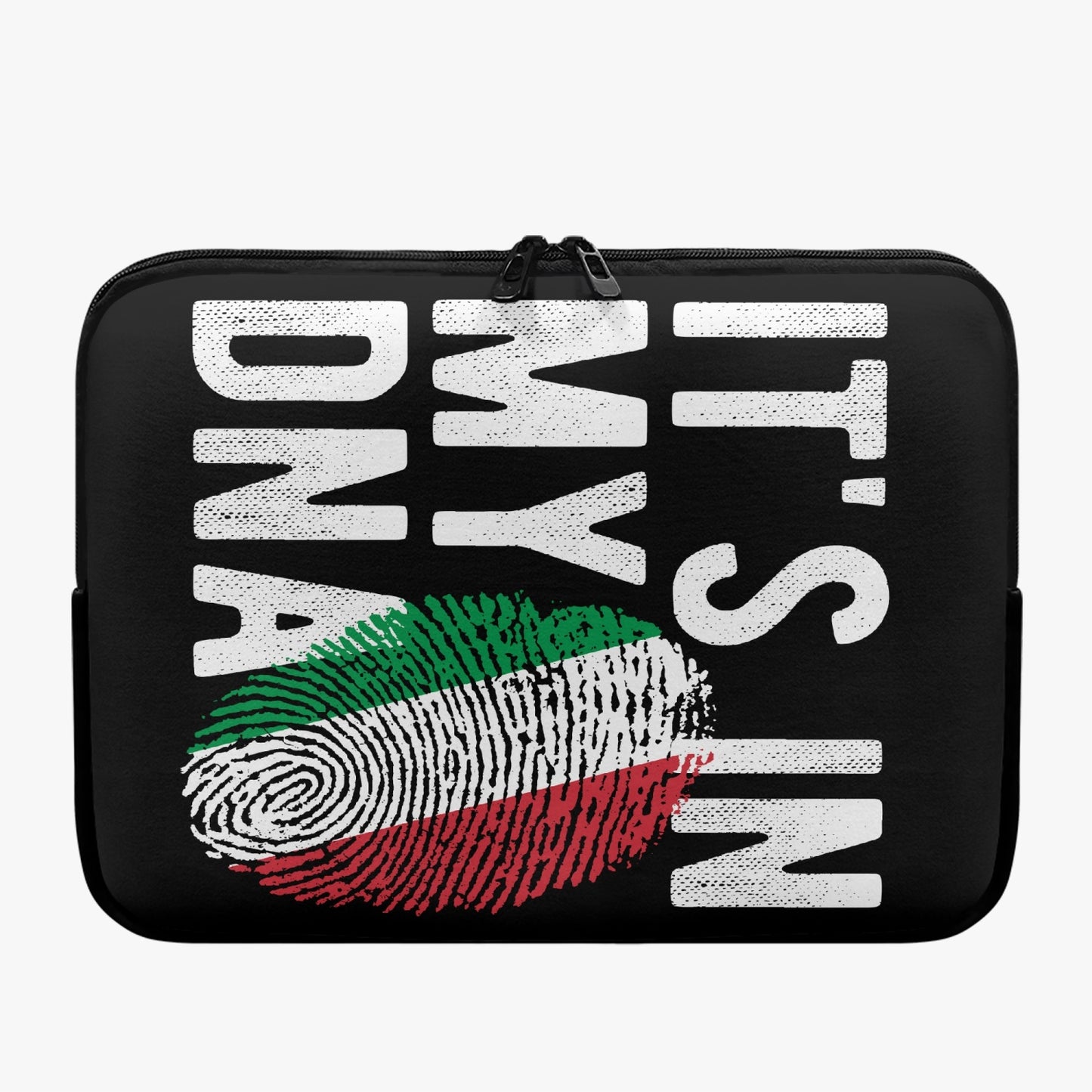 Italy It's in my DNA - Laptop Sleeve featuring a fingerprint design, emphasizing Italian heritage. Made from diving cloth fabric for durability and lightweight portability.