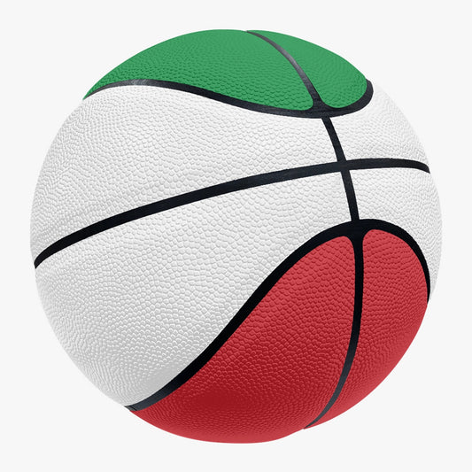 Close-up of Italy Basketball made from synthetic leather, featuring a unique design. Available in sizes 27.5'' and 29.5'' for indoor use.