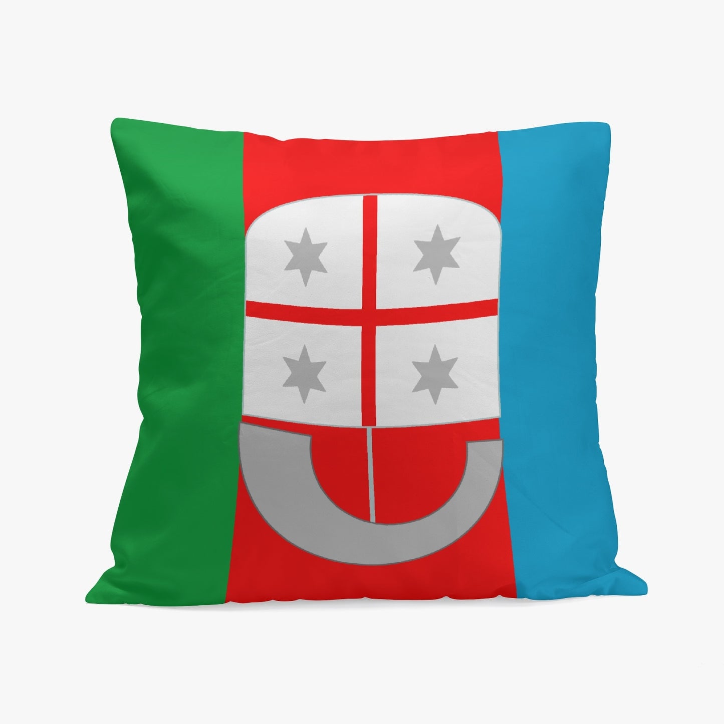 Liguria Pillow Cover featuring a single-sided printed design with a red and white coat of arms, crafted from high-quality polyester and cotton fabric with stitching closure.