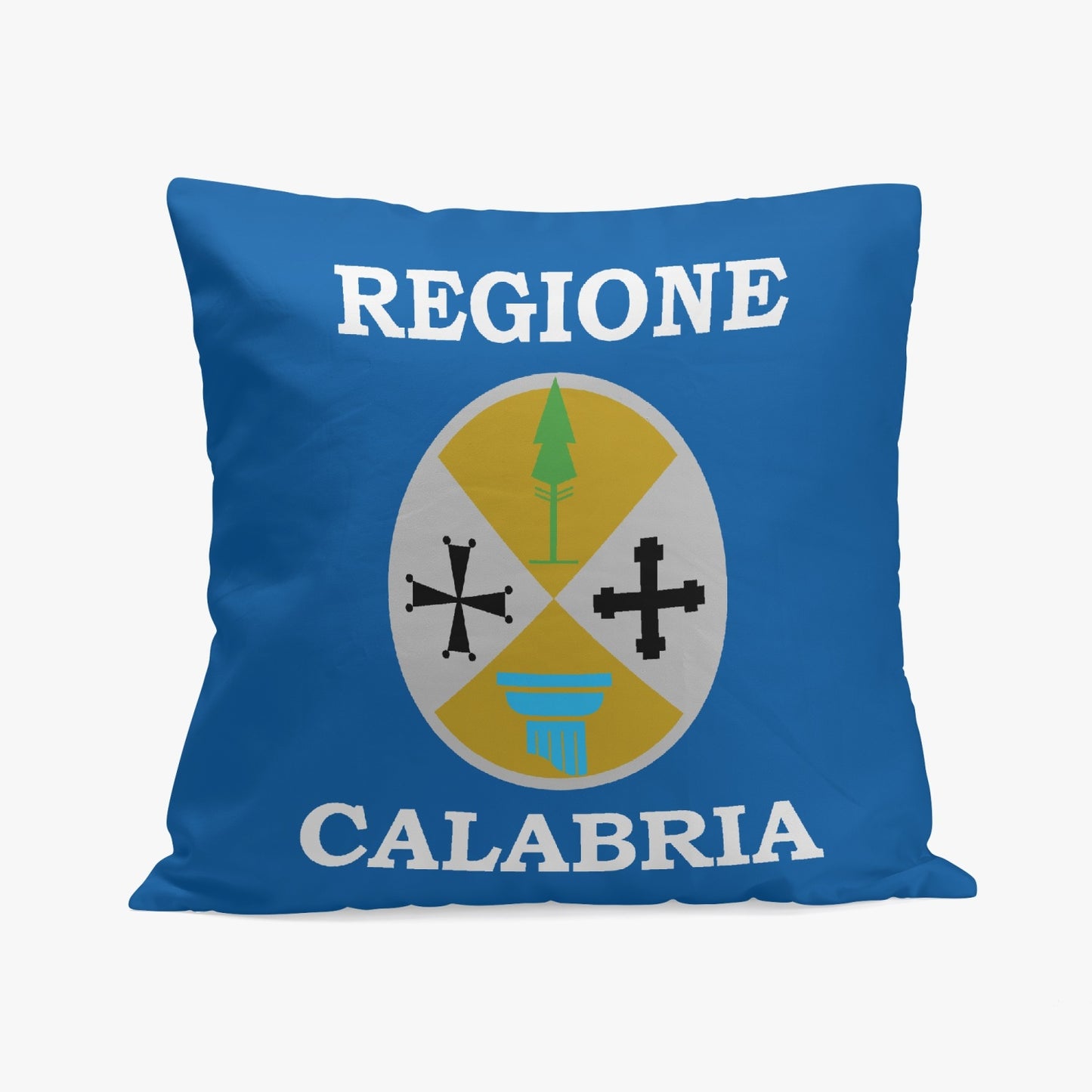 Calabria Pillow Cover featuring a blue design with white text and logo, crafted from polyester and cotton, with one-side print and stitching closure.