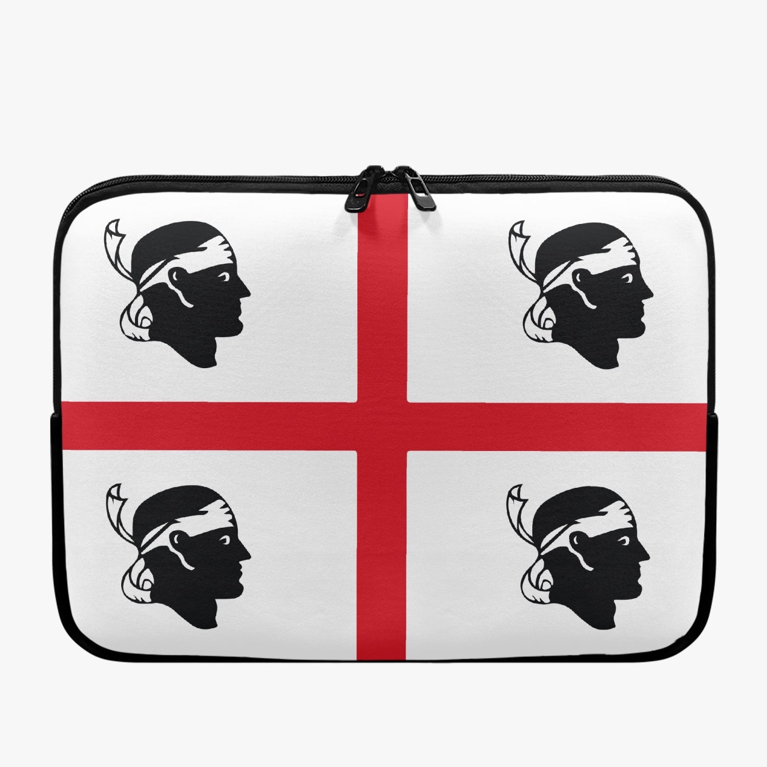 Sardinia - Laptop Sleeve featuring black face silhouettes on a white and red background, crafted from diving cloth for durability and portability.