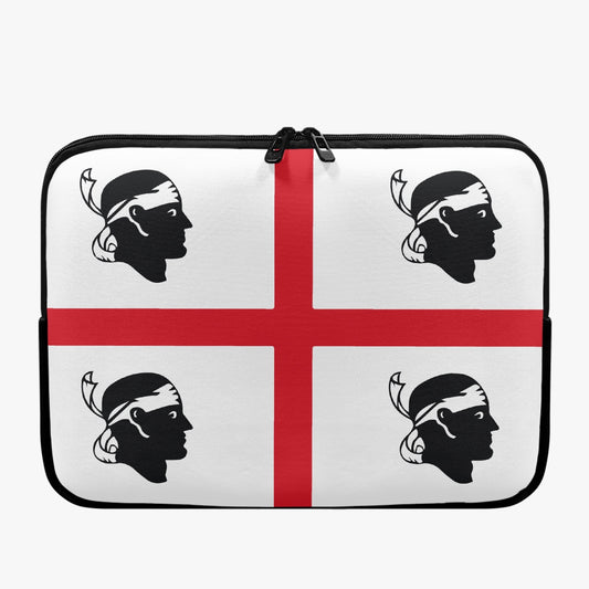 Sardinia - Laptop Sleeve featuring black face silhouettes on a white and red background, crafted from diving cloth for durability and portability.