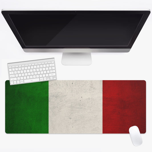Italian Flag - Premium Office Desk Mat displayed with a computer monitor, keyboard, and mouse on a desk, showcasing its spacious and refined design.