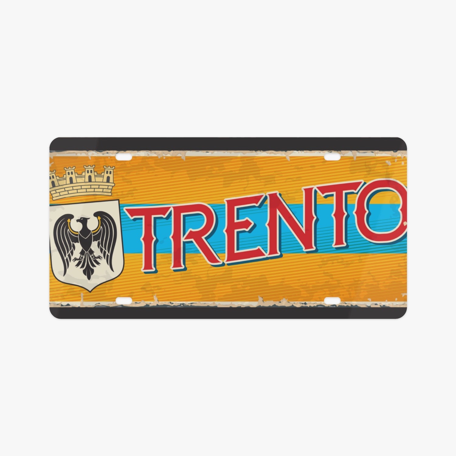 Trento License Plate Italian Style: A premium aluminum license plate with bold text, capturing Italian elegance. Perfect for enhancing vehicle aesthetics.
