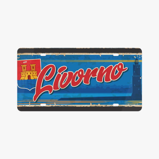 Livorno License Plate Italian Style featuring a castle design, crafted from premium aluminum, enhancing your car's elegance and showcasing Italian heritage.