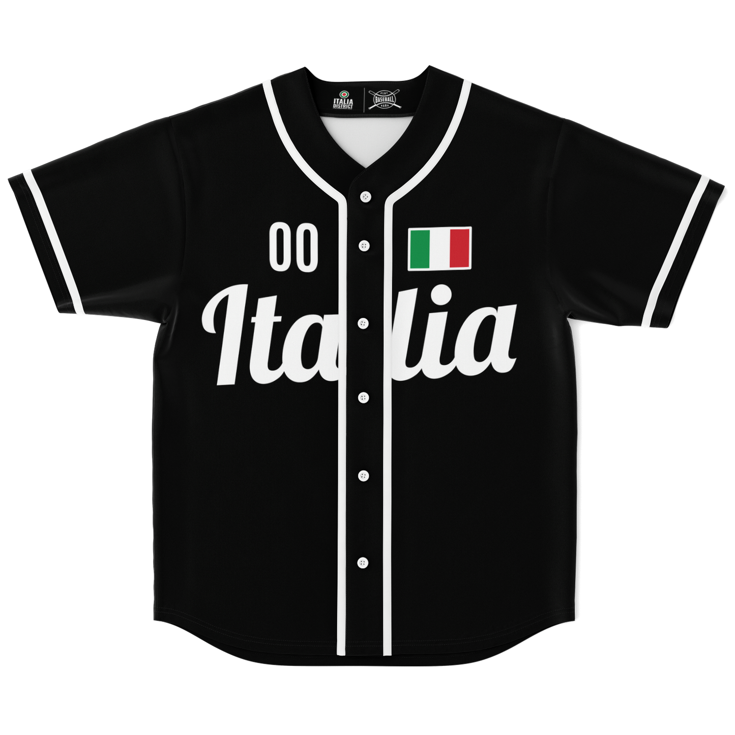 Italy Baseball Jersey - Black, featuring custom name and number options, button front closure, and moisture-wicking fabric, ideal for both sports and casual wear.