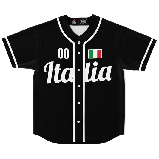 Italy Baseball Jersey - Black, featuring custom name and number options, button front closure, and moisture-wicking fabric, ideal for both sports and casual wear.