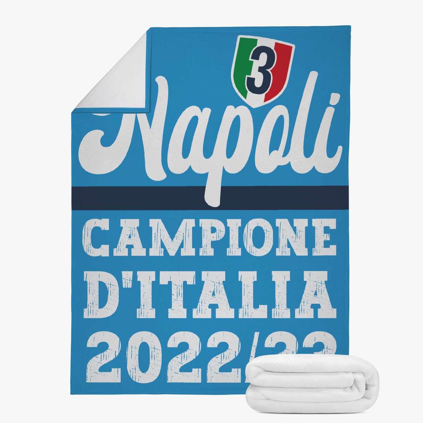 Napoli Campione 2022/23 Fleece Blanket, featuring premium suede polyester and soft interior, displayed with logo and neatly rolled, perfect for cozy indoor use.