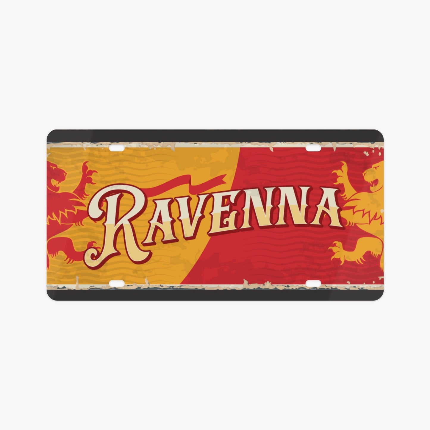 Ravenna License Plate Italian Style: Premium aluminum, red and yellow design, enhances car aesthetics with Italian elegance. Perfect for style-conscious drivers.