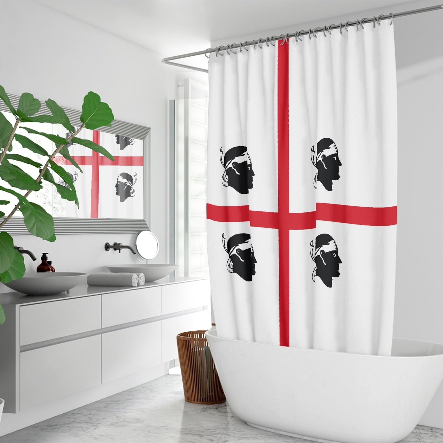 Sardinian Flag Quick-drying Shower Curtain in a bathroom setting, featuring waterproof polyester fabric and 12 buttonholes with hooks for easy installation.