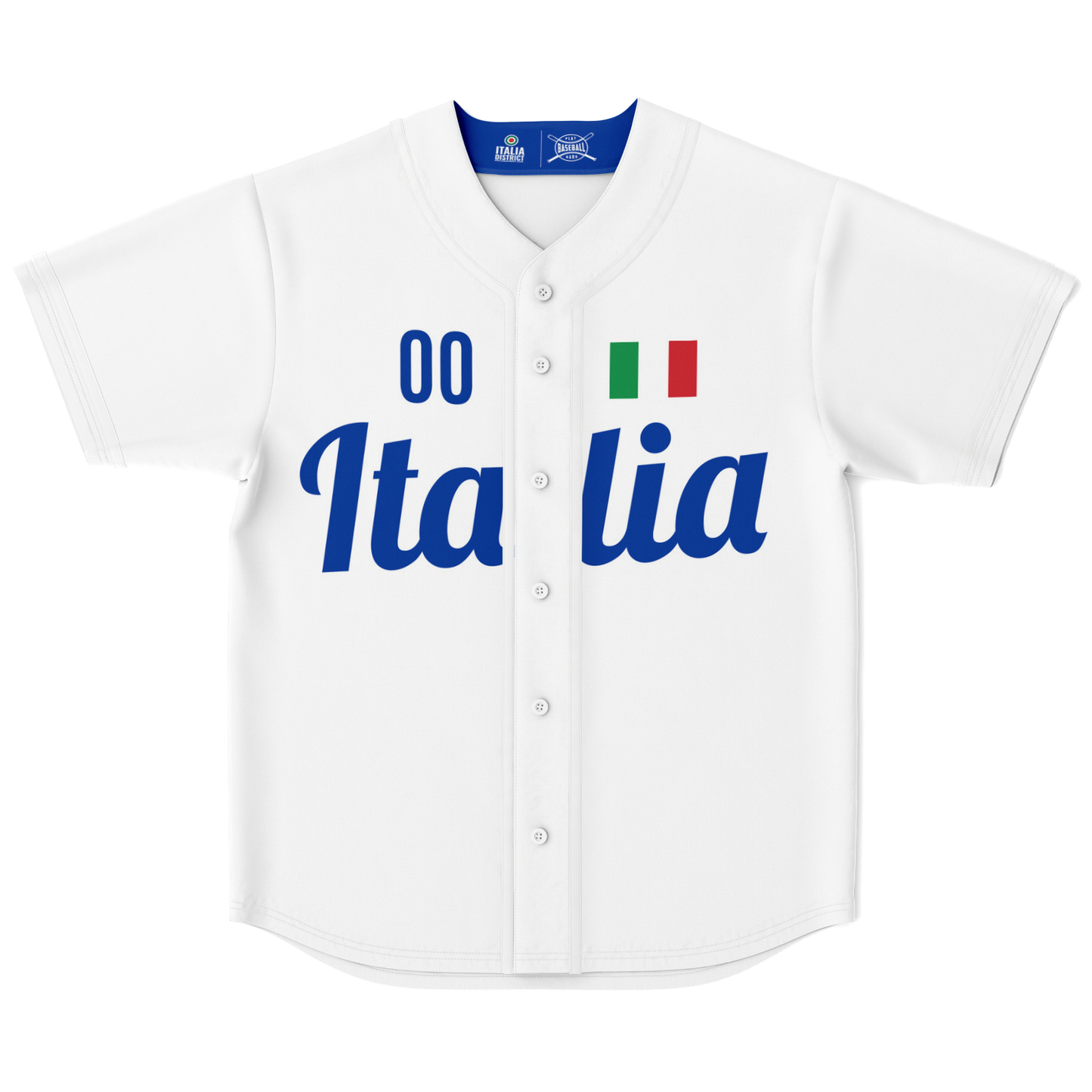 Italy Baseball Jersey - White - Custom Name + Number, featuring blue text and a blue logo, crafted from moisture-wicking polyester with button front closure.