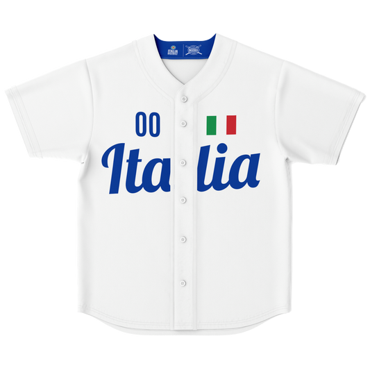 Italy Baseball Jersey - White - Custom Name + Number, featuring blue text and a blue logo, crafted from moisture-wicking polyester with button front closure.