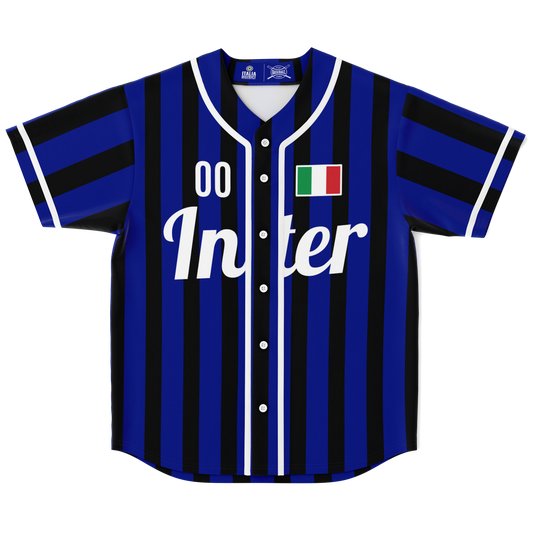 Inter Baseball Jersey - Custom Name + Number, features blue and black stripes, button front, rounded hem, breathable polyester fabric, perfect for sports and casual wear.