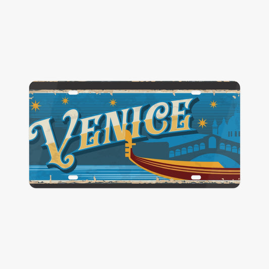 Venice License Plate Italian Style, featuring a cityscape with a boat and bridge, crafted from premium aluminum for a stylish car accessory.