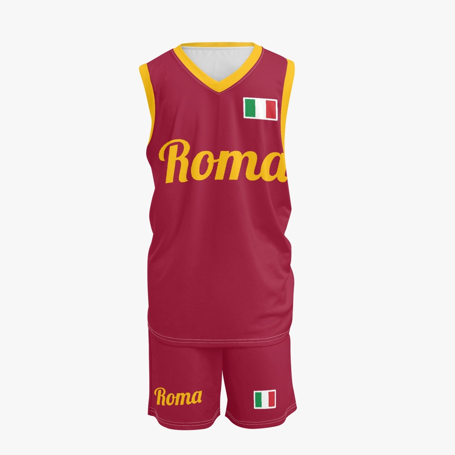 Roma Basketball Jersey Set, featuring a red sleeveless shirt and shorts, designed for comfort and performance with lightweight, moisture-wicking polyester fabric.
