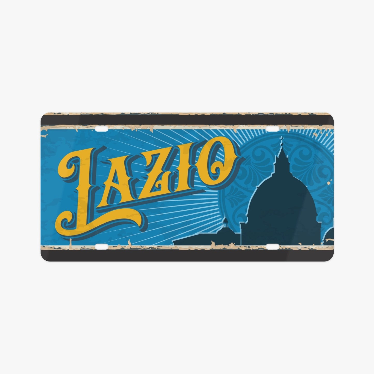 Lazio License Plate Italian Style, showcasing a blue and yellow design with elegant dome silhouette, crafted from premium aluminum for a luxurious automotive upgrade.
